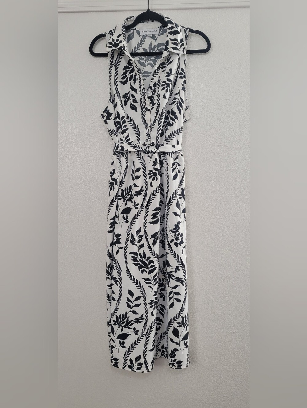 Emma & Michele XL Black Ivory Botanical Floral Belted Midi Shirt Dress